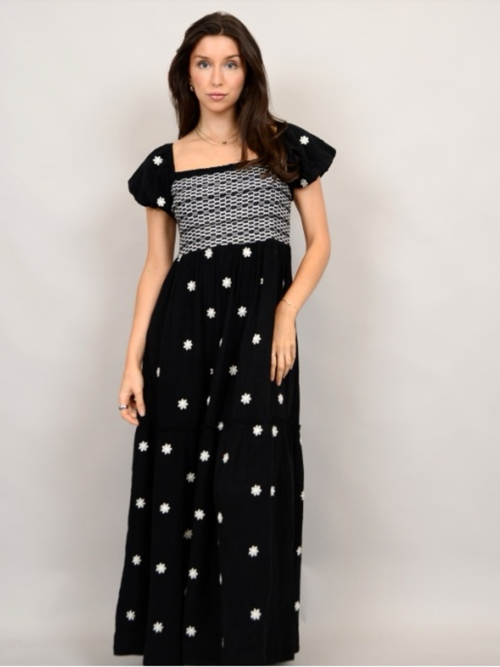 RD Style Black Midi/Maxi Dress with White Daisy Embroidered Appliqué 100% Cotton - Picture 4 of 13